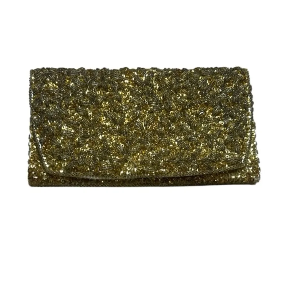 50s 60s Vintage La Regale Gold Beaded Sequin Satin Clutch